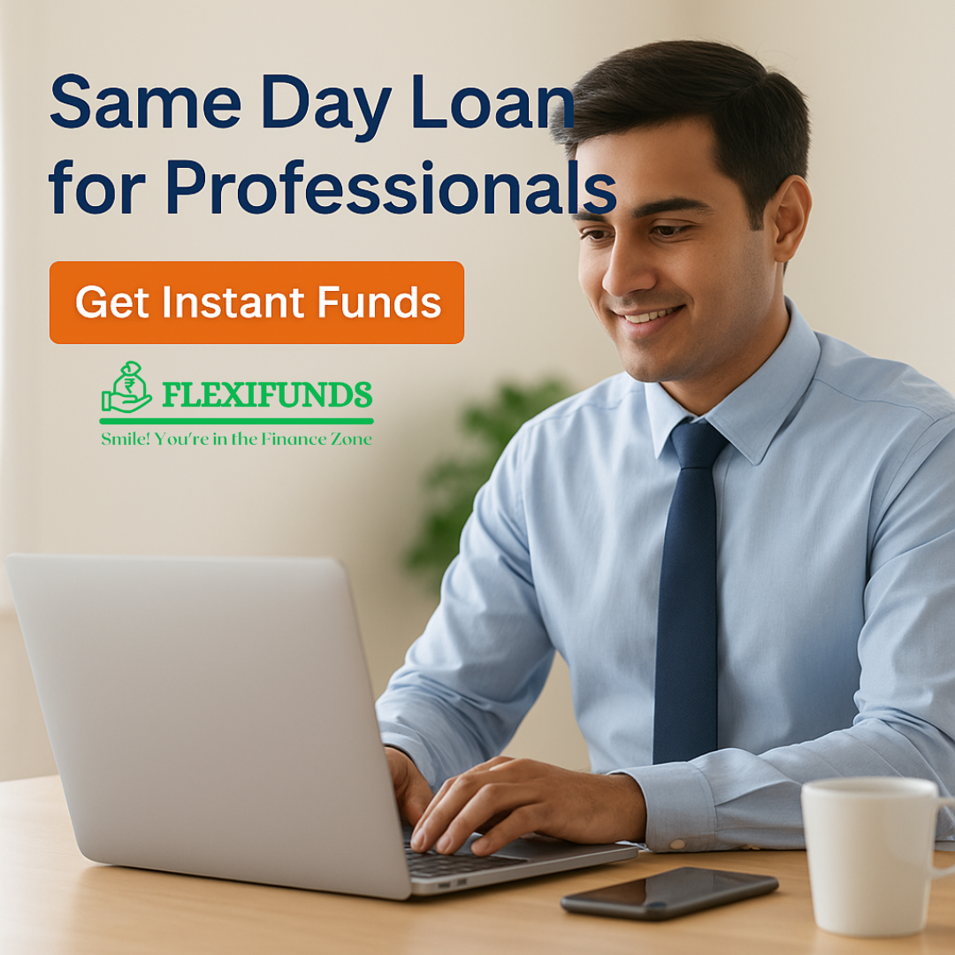 A working professional receiving instant same day loan approval on a laptop via FlexiFunds